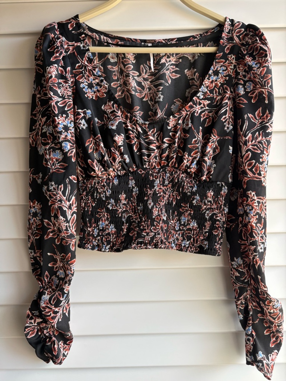 Free People Black Floral Smocked Cropped Blouse